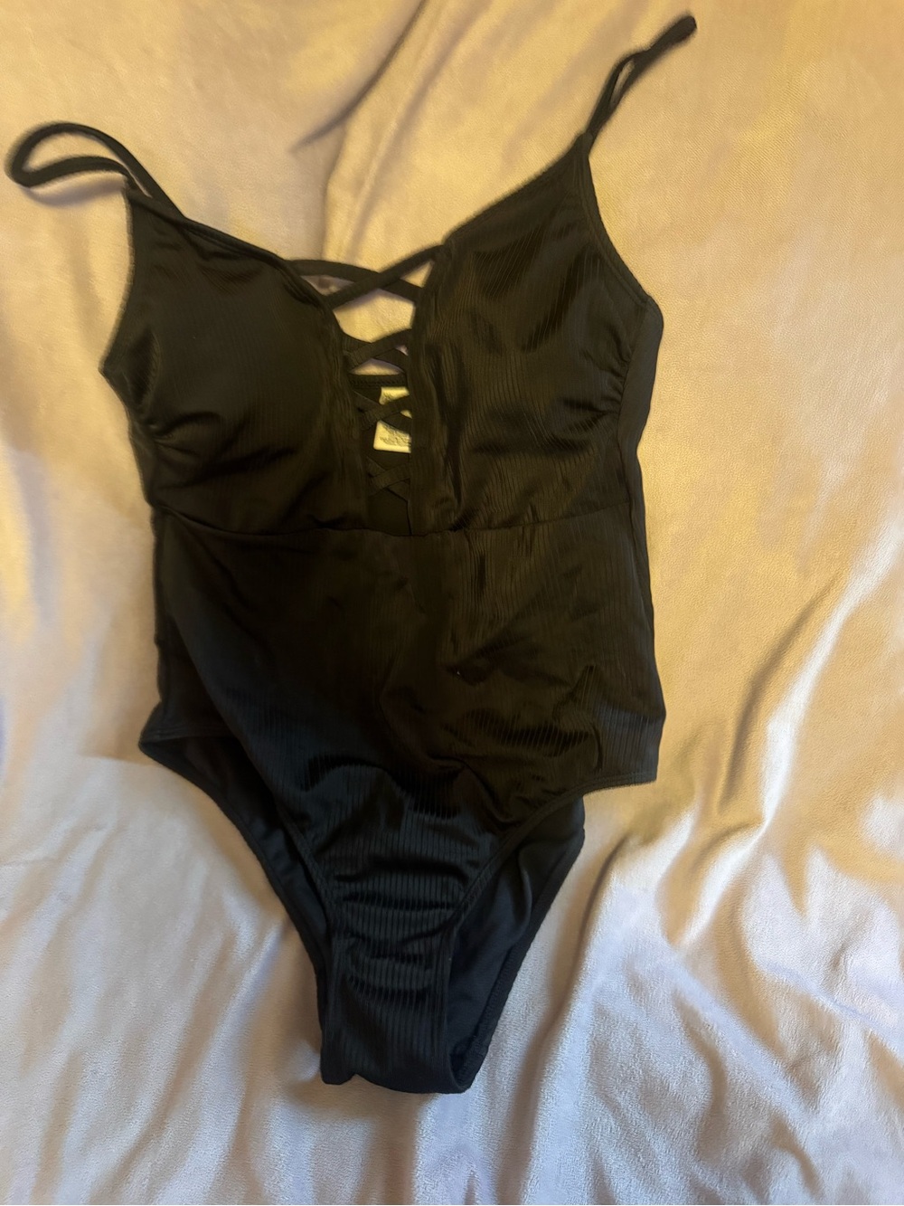 Black Ribbed One-Piece Swimsuit with Front Lace Detail - Women Swim